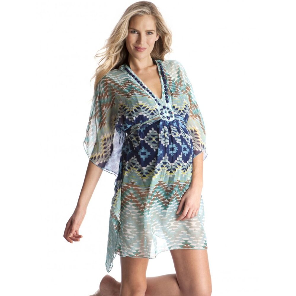 Seraphine Maternity Beaded Beach Cover Up Kaftan Blue Aztec Medium